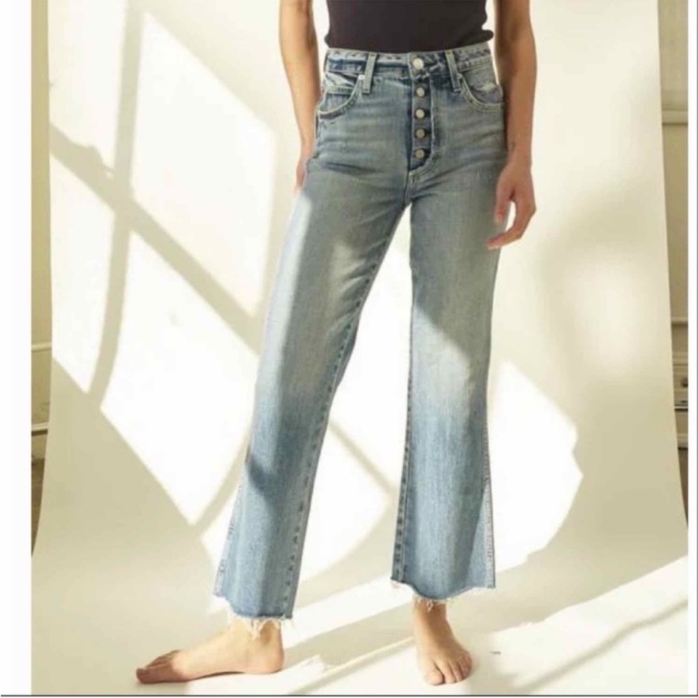 AMO high rise kick crop jeans wild card wash button fly distressed raw hem